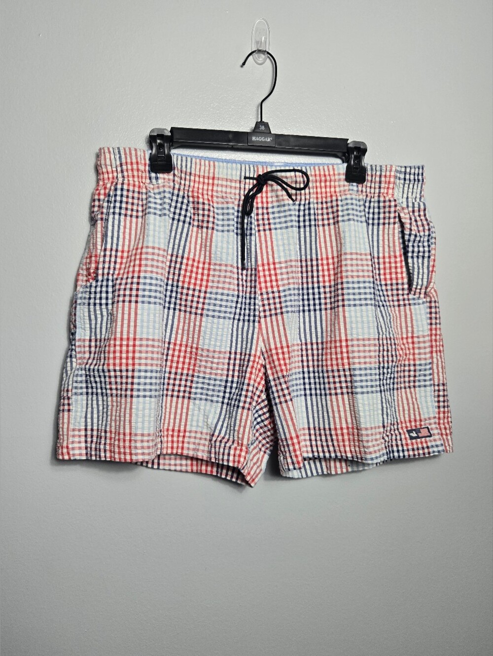 Southern Marsh Mens Seersucker Plaid Swim Trunks Red Blue Mesh Lined Short Large
